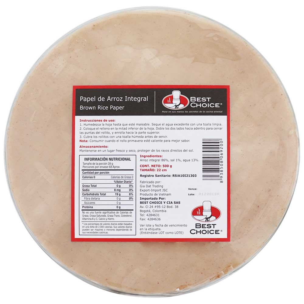Papel de Arroz Integral de 22 cm 500 gr - Global Gourmet Market