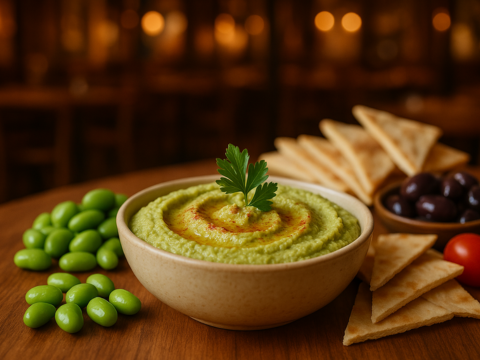 La Fusión Perfecta: Hummus de Edamame con Chips de Papel y Arroz Chaufa